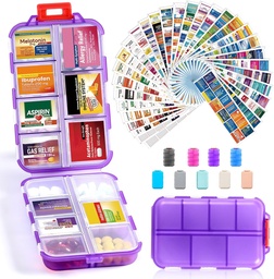 14 Grids Travel Pill Organizer Box z 415- Pcs Medicine Nazewnictwo etykiet, Pocket Daily Pharmacy Case Container, Travel Medication Holder Dispenser Kit for Fish Oil Supplement Supplement Storage -Clear Purple