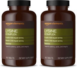 Elementy Lysine Complex z witaminą C dla immunologicznego wsparcia zdrowia, Wegetarianin, 65 Sługi, 195 Hrabia (Opakowania maja Wary) (Opakowanie 2)