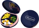 Serfeymi Small Pill Box - 3 Komory Przenośne Pill Box do kieszeni torebki, Compact Mini Travel Pill Case - Nadaje się do medycyny, Witamina, Olej rybny, Suplementy - Ciemny niebieski (Logo)