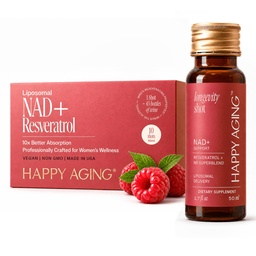 Happy Aging Liquid NAD+ Supplement for Women | Liposomal Nicotinamide Riboside & Resveratrol Shots for Energy, Skin Health & Brain Fog | NMN Alternative with Antioxidants | 10 Shots, 30-Day Supply