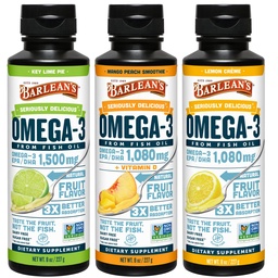 Barlean Omega 3 Fish Oil Liquid Supplement 3- Flavor Variety Pack for Men and Women, EPA i DHA Fatty Acid, zawiera Key Lime Pie, Lemon Crème i Mango Peach Flavors, 8 oz