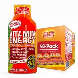Witamina Energy Focus + Dodatkowa Siła Energy Shot Fruit Punch 48 Pack, 260mg Naturalna kofeina, Witaminy, CoQ10, Amino Kwasy, Focus, Produktywność & Jasność, Zero Cukier, Gluten- Free, 1.93 fl oz