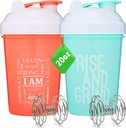 [2 Pack] 20- Ounce Shaker Bottle with Motivativational Quotes (Coral & Mint) attachment 124; Protein Shaker Bottle with Mixer Agitators into 124; Blender Shaker Bottle for Protein Mixes Pack is BPA Free and Dishwash Safe