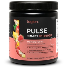 LEGION Pulse pre Workout Supplement - All Natural Nitric Oxide Precuting Drink to Boost Energy, Creatine Free, Natural Sweetened, Beta Alanine, Citruline, Alpha GPC (Kofeina Free Tropical Punch)