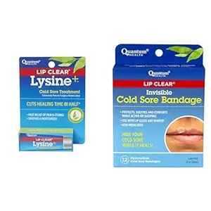 Quantum Health Lip Clear Lysine + Cold Sore Treatment Ointment, Transparent, 0.25 Ounce, Lip Clear Invisible Cold Sore Bandage Agregable 124; Non-Medicated Agregate 124; 12 Count