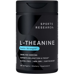 Sports Research Double Strength L- Theanine Supplement - Suntheanine Softgels for Focus, Relaxation & Alertness - Non- Drowsy Support Made with Coconut Oil, Non- GMO & Gluten Free - 200mg, 120 Count