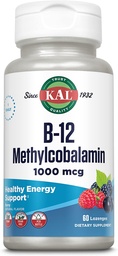 KAL Witamina B- 12 Metylokobalamina Lozenges 1000mcg, Zdrowa energia, Metabolizm, Nerve & Red Blood Cell Support, * Optymalne wchłanianie, Natural Berry Flavor, Wegan, Cukier wolny, 60 Służenie, 60 Lozenges