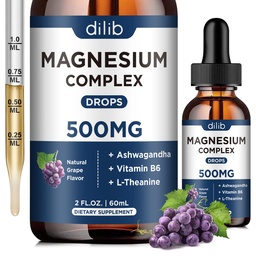Magnezu Glicynian płynne krople, Magnezu Glicynian Suplement 500mg z cytrynianem, jabłczan, Ashwaganda, L- Theanina, Witamina B6 do snu, Stress Relief, Kości, Mięśnie, Mood, Grape Flavor 2 Fl Oz