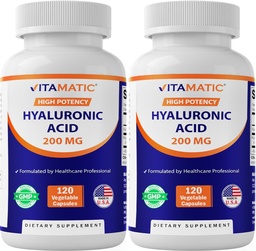 Vitamatic 2 Pack Hialuronic Acid Supplements 200mg - Wspiera zdrowe połączenie tkanek i połączeń - Promowanie młodzieńczej zdrowej skóry - Razem 240 Kapsułki