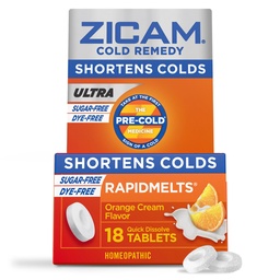 Zicam Ultra Cold Remedy Cynk Rapidmelts, Pomarańczowy aromat śmietankowy, Homeopatyczne, Cold Shorting Medicine, Skróty zimnego czasu trwania, Cukierka - Free, Dye- Free, 18 Count