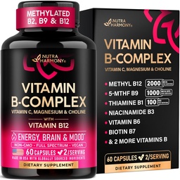 Witamina B Complex for Men & Women - Riboflavin B2, B12, B1, B3, B5, B6, B7, B8, B9 Size 124; Witamina C, Cholina, Inozytol - Kompleks B - Energia, Wsparcie mózgu i serca - Made in USA, 60 Vegan Caps