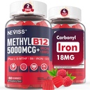 NEVISS Metylowy B12 Witaminy 5000 μg Gumiaki + Żelazo 18 mg dla kobiet - Aktywna metylkobalamina Metylowana B12 Suplement witaminy w / L- MetylFolat, B6 (P5P) i D3 do wspomagania energii i koncentracji, 120 Służenie