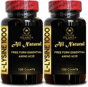 L- LYSINE 1000 mg Wolna postać Amino Acid Essential - Lip Health, Lisine Supplement L- Lysine 1000mg, Essential Amino Acid Support & Gum, Gluten Free - 2 Butelki 200 Liczby