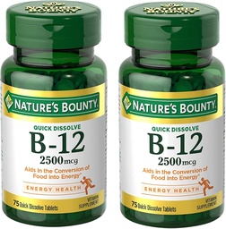 Bounty Witamina B12 2500 µg, Wsparcie energetyczne komórkowe, dla metabolizmu energii, Serce i system nerwowy Zdrowie, 75 Szybko rozpuszczalne tabletki (Opakowanie 2)