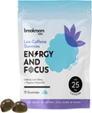 Breakroom Labs Energy and Focus Gummies - Niska kofeina 25mg w / L -Theanine, Lwy Mane, Witamina B12 - Nootropowy suplement mózgu dla dorosłych, Dzieci - Wegan, niski cukier, Niebieski aromat malinowy, 15 Służenie
