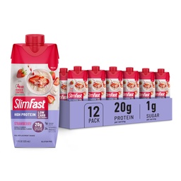 SlimFast Protein Shake, Strawberry- 20 g Protein, Meal Replacement Shake Ready to Drink, Wysoki poziom białka z niskim węglowodorem i niskim cukrem, 24 witaminy i minerały, 12 Hrabia (Packaging May Vary)