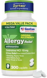 GenCare - Cetirizine HCL 10 mg (300 kapsułek) - 24 Hour Alergy Relief Pills - Non Drowsy Generic Allergy OTC Medication - Antihistamine Medicine for Sneezing, Runny Nose & Itchy Eyes - Generic Zyrtc