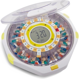 LiveFine Bluetooth Automatic Pill Dispenser, 28- Day Pojemność, Dźwięk i Światło Alerty, Klucz Lock, LCD & Easy Setup na LiveFine App dla wymagań, Leki, Witaminy i Suplementy - Clear Lid