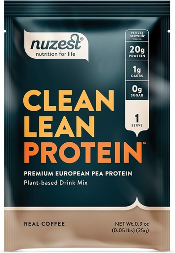 Nuzest - Proszek z protein grochowych - Białko o czystej barwie, Proszek z protein roślinnych Premium, Bezmleczny, Bez glutenu, Bez GMO, Naturalnie Sweetened Protein Shake, Kawa prawdziwa, 1 Serving, 0,9 oz