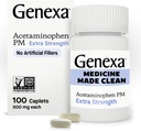Genexa Clean Acetaminophen PM 500mg Extra Strength, Dye Free Pain Reliever, Nighttime Sleep Aid, Fever Reducer, 0% Artificial Additives, Relieves Headache, Backache, Minor Arthritis Pain, 100 Tablets
