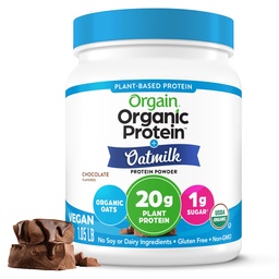 Orgain Organic Vegan Protein Powder + Oat Milk, Czekolada - 20 g Białko roślinne na bazie, Gluten Free, No Dairy, Soy lub Laktoza Składniki, Niski cukier, Non-GMO, Kosher, Dla shakes & Smoothies - 1.05lb