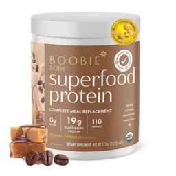 Boobie Body Superfood Protein Ciąża i Postpartum posiłek Shake zastępczy, Kawa Karmel Flavor 124; 19g Białko 124; Safe for Laktation & Macierzyństwo 124; Organic, Wegan, Zero Sugar, 1 Tub (20 Służenie)