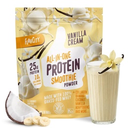 FlavCity Vanilla All in One Protein Shake Powder - On the Go Meal Alternative + Collagen Peptydes, Reishi & Cordyceps - Focus, Skóra, Włosy i Joint Support - 100% Grass Fed Serwatka, 20 Sług