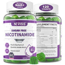 Bezcukrowy Nikotynamid 500mg Gumiaki, (Flush Free Niacin) Witamina B3 Niacynamid Suplement do metabolizmu i naprawy energii komórkowej, Witalność, Zdrowe Starzenie, Smak żurawinowy, Łatwe do żucia, 120 Cts