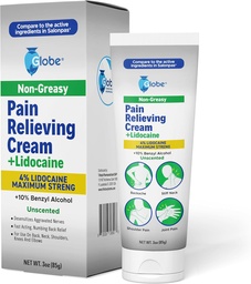 Globe Pain Relieving Cream Plus 4% Lidokaina, Maksymalna siła Numbing Relief, Szybkie działania Terapia Topical dla mięśni Aches, Ból stawów, Ból pleców, Ból szyi, Ból głowy, Ból, Pokrzywka i skurcze, Niezapalone, 3oz
