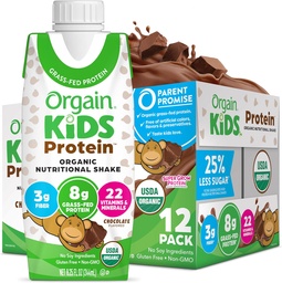 Orgain Organic Kids Protein Nutritional Shake, Czekolada - 8g białka, 22 witaminy i minerały, owoce i warzywa, Gluten Free, Soy Free, Non-GMO, 8.25 Fl Oz (Opakowanie 12)