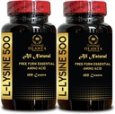L- LYSINE 500 - Natural Supplement Promotion Stress Support & Nerwowy system zdrowia, HCl L- Lysine, Codzienne spożycie lizyny, Produkcja energii, Amino Acid Suplement witaminy - 2 Butelki 200 Liczby