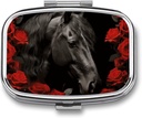 Czarny Koń na tle Red Roses Pill Box 2 Przenośny Pill Case Daily Square Pill Organizator do Pocket Purse Daily Medicine Container Hold Vitamin Fish Oil Travel prezenty