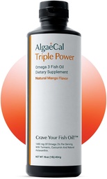 ALGAECAL Triple Power 1200mg EPA & DHA Omega 3 Suplement oleju do ryb, Pomocniczy mózg, Serce, Skóra i kości, Płynna Emulsja Mango Smak, Burp- Mniej, Cukier - wolne, Made in USA