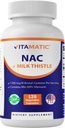 Vitamatic NAC Supplement N- Acetyl- L- Cysteine (NAC) with Milk Thistle 50: 1 Extract - Wspiera immunologiczne, oddechowe, Zdrowie wątroby, 1200 mg na jedną porcję, 120 Kapsułek Veg