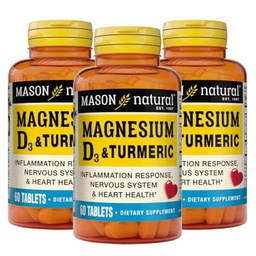 MASON NATURAL Magnezu i witaminy D3 z kurkumą, 180, Day Supply, Suplement diety do codziennego wsparcia Wellness, 60 tabletek (Opakowanie po 3)