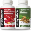 STAY ALIVE Cayenne and Ashwagandha Bundle w / Black Pepper Extract Capsules, 240 Vegan Pills, Non- GMO & Gluten Free Ashwagandha Cayenne Pepper Supplement