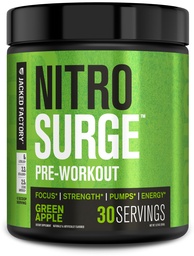 Jacked Factory NITROSURGE Prefory Workout Supplement - Endless Energy, Instant Strength Gains, Clear Focus, Intensywne pompy - NO Booster & Potężny Prettenment Energy Powder - 30 Służenia, Zielone jabłko