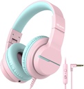 iClever HS19 Słuchawki dla dzieci z mikrofonem do szkoły, Safe Volume Limited, Over- Ear Girls Boys słuchawki dla dzieci z Shareport, Składany przewodowy dla iPad / Podróże (różowy)