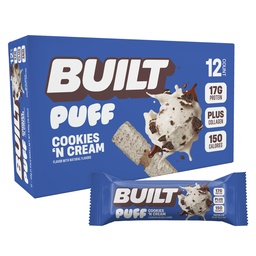 Built Bar, Puff Protein Bars, Cookies 'N Cream Puff, 17 g Protein Snacks, On- The- Bary, Tylko 140 Calories, 7g Sugar, Collagen, Nie Gluten Free, 12 Count