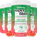 Bellway Super Fiber Powder + Collagen (4 opakowania), Pyllium wolny od cukru proszek Husk z peptydami kolagenowymi i kwasem hialuronowym dla Gut Health, Zdrowa skóra, paznokcie, kości i łączniki, Arbuz (42.4 oz)