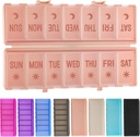 Składany Pill Organizator 2 razy dziennie w / Wydrukowane etykiety -Dual Protection & Portable Weekly PM Pill Box, 7 Day Medicine Container, Duży Travel Pill Case dla tygodnia Codzienne uzupełnienie witaminy - różowy