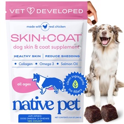 Native Pet Omega Skóra i Coat Chews for Dogs - Dog Skin and Coat Supplement for Healthy, Shiny Fur, Reduce Shedding and Dry Spots - Made with Omega 3 Fish Oil and Wild- Caught Salmon Oil - 120 Chews