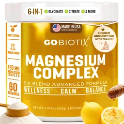 GoBiotix Magnezu glicynian proszek - Cortisol Suplementy dla Kobiet i Mężczyzn - Wysoka Absorpcja Magnezu Complex Suplement uspokajający z cytryną, jabłczan - Bez cukru - 420 mg, 60 Służenie - Miód Citrus