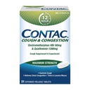 Contac Kaszel & Zatłoczenie Maksymalna siła kontroli Kaszel, Cienki i luźne Mucus, Guaifenesin i Dextromethorphan HBr, Rozszerzone tabletki uwalniania, 21 Count