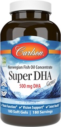 Carlson - Super DHA Gems, 500 mg DHA Supplements, 640 mg Fatty Acids, Wild- Caught Norwegian Arctic Omega 3 Fish Oil Supplement, Sustainable Sourced Fish Oil Capsules, 180 Softgels