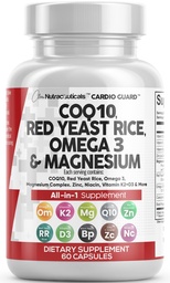 Clean Nutraceuticals COQ10 200mg Red Yeast Rice Omega 3 Magnesium Complex 500mg Niacin Zinc Vitamin K2 D3 - Heart Support Vitamins for Women & Men w/Vitamin B3, Coenzyme Q10-60 Ct