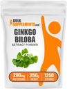 BulkSupplements.com Ginkgo Biloba Extract Powder - z Ginkgo Biloba Leaf, Antioksydant Source, Herbal Supplement - Gluten Free, 200mg per Serving, 250g (8.8 oz) (Opakowanie po 1)