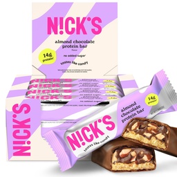 Nick 's Protein Bars Czekoladowe 124; Wysokie białka 124; Niskie kalorie 124; Niskie keto keto Przyjazne przekąski bez dodatku cukru (Opakowanie zbiorcze 12 barów x 50g) (12 Hrabia (Opakowanie 1), Czekolada migdałowa)