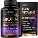 NutraHARMONY Biotin Biotin 124; Kolagen 124; Kwas hialuronowy 124; Keratyna - Wsparcie normalnego cyklu wzrostu włosów - Skóra i paznokcie - 25000mcg witaminy B1, B2, B3, B6 & B7 - dla kobiet i mężczyzn - Made in USA 124; 60 Kapsułki