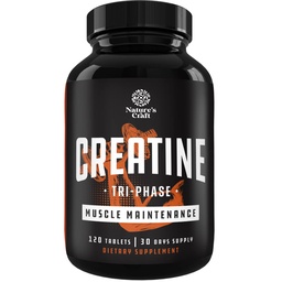 Nature Craft High Strength Tri Fazy tabletki kreacyjne dla kobiet i mężczyzn - Formuła Mieszanka monohydratu kreatury, 300 mg HCL & Pyruvate Supplement - Muscle Mass Gain & Recovery Supplement - 120 tabletek